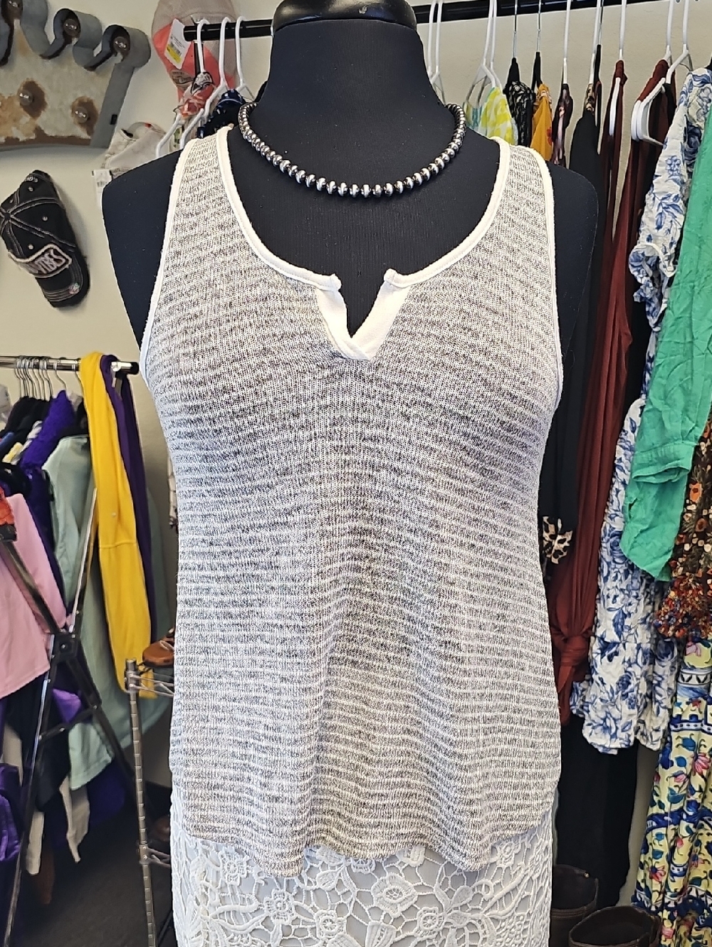 Michelle Women’s Sleeveless Gray Knit Tank with White Trim